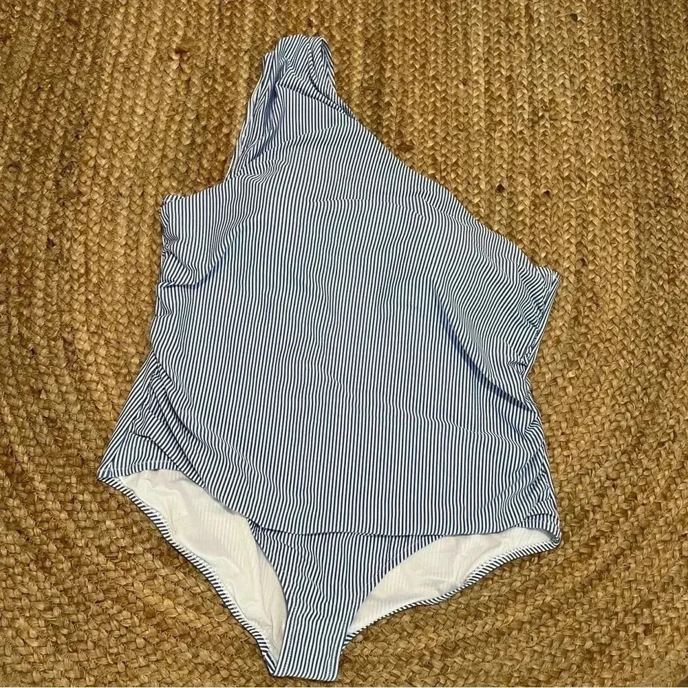 J crew one piece swimsuit/4 ruched one shoulder one piece seersucker stripes
